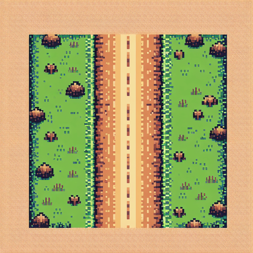 minimalistic dirt road background seen directly from above. bird-eye perspective. pixelated. 8 bit.
Single Game Texture. In-Game asset. 2d. Blank background. High contrast. No shadows.