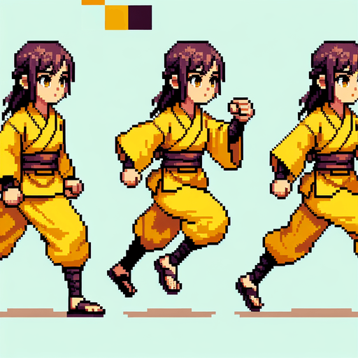 little ninja girl with a yellow kimono. Running frames: left and right legs in alternate positions.
2x2 sprite sheet