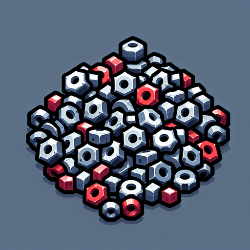 2d pile of gray and red nuts and bolts Single Game Texture. In-Game asset. 2d. Blank background. High contrast. No shadows.