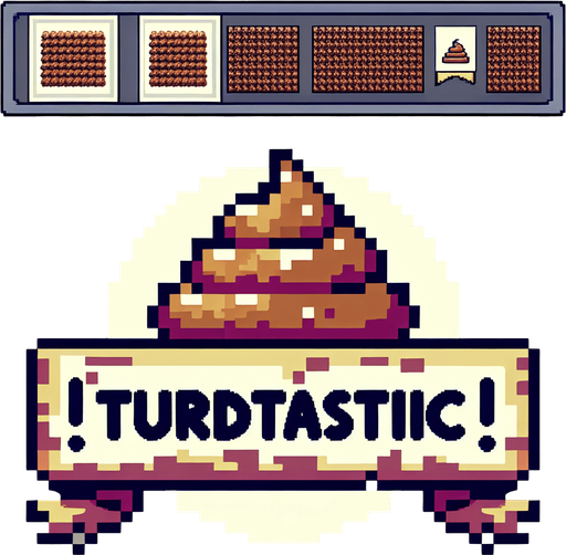 text saying "Turdtastic!" against a turd banner. pixelated. 8-bit.
Single Game Texture. In-Game asset. 2d. Blank background. High contrast. No shadows.