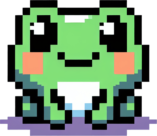 pixelated 8-bit cute sitting frog seen from the front.
Single Game Texture. In-Game asset. 2d. Blank background. High contrast. No shadows.