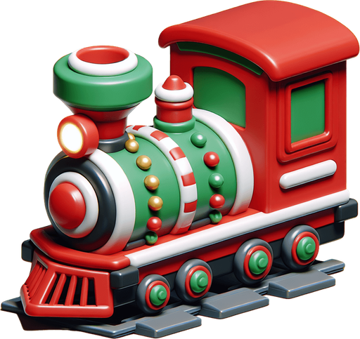 A christmas Miniature Train. Plastic style Single Game Texture. In-Game asset. 2d. Blank background. High contrast. No shadows.