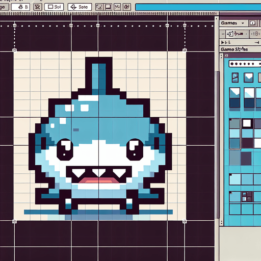 8 bit. cartoon. shark. ingame asset. seen from the front. open mouth. Single Game Texture. In-Game asset. 2d. Blank background. High contrast. No shadows.