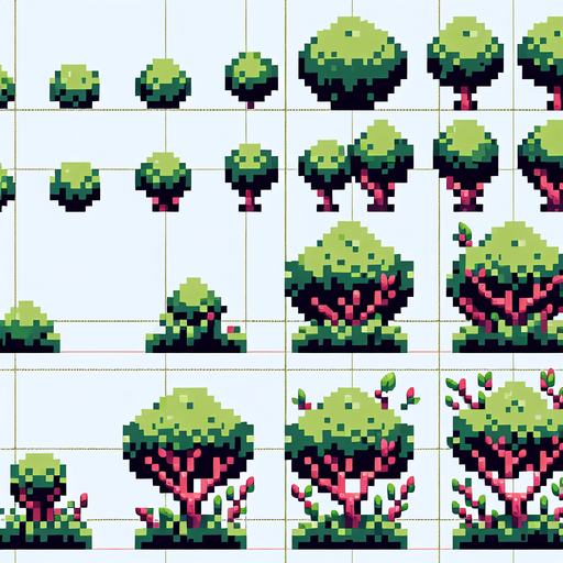 pixel art sprite sheet of a growing bush.
In-Game asset. 2d. Blank background. High contrast. No shadows.