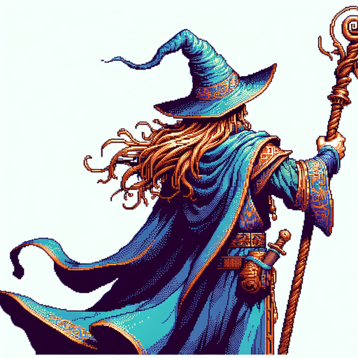 A wizard hero facing away with his back turned with his staff in the air
I want the art style to reflect a classic 16-bit retro pixel art aesthetic, reminiscent of early 1990s RPGs with vibrant colors. The environment should have a rich, fantasy-themed design with intricate backgrounds and a nostalgic, old-school feel..
Single Game Texture. In-Game asset. 2d. Blank background. High contrast. No shadows.