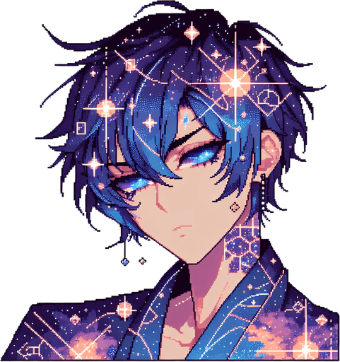 beautiful cosmic anime man.
pixel art, blank background