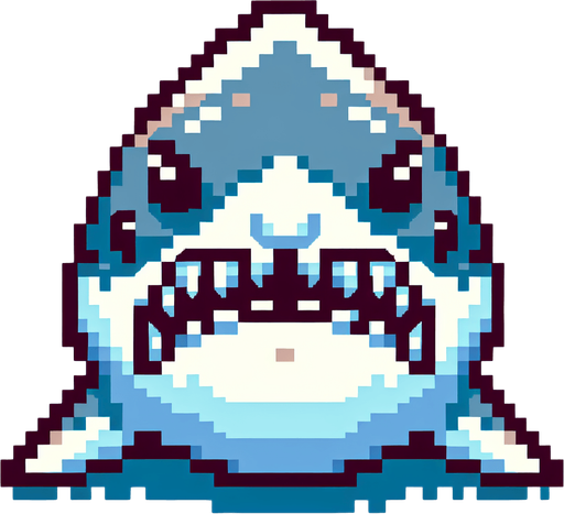 8 bit. cartoon. shark. ingame asset. seen from the front. open mouth. Single Game Texture. In-Game asset. 2d. Blank background. High contrast. No shadows.