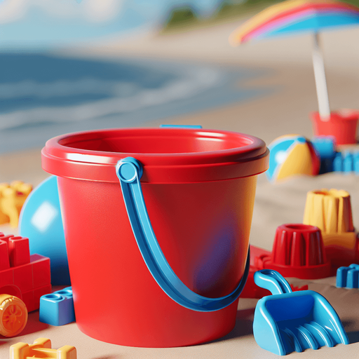 beach construction toys. red bucket with blue handle..
photorealistic