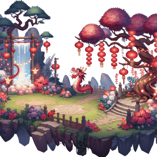 Chinese new years, enchanted forest.
Single Game Texture. In-Game asset. 2d. Blank background. High contrast. No shadows.