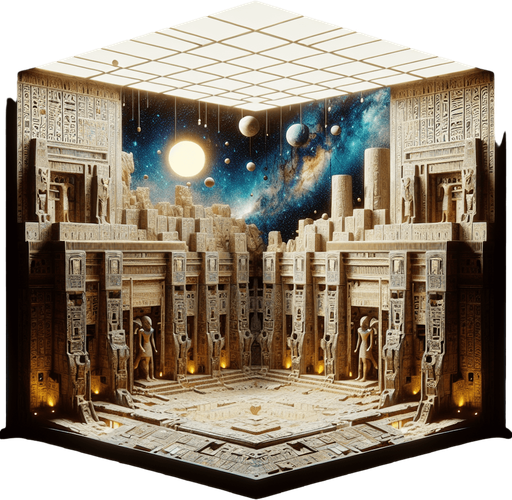 Interior of Egyptian temple ruin in outerspace..
Single Game Texture. In-Game asset. 2d. Blank background. High contrast. No shadows.