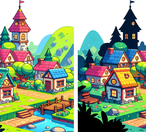 Bluno cartoon village background.
Single Game Texture. In-Game asset. 2d. Blank background. High contrast. No shadows.