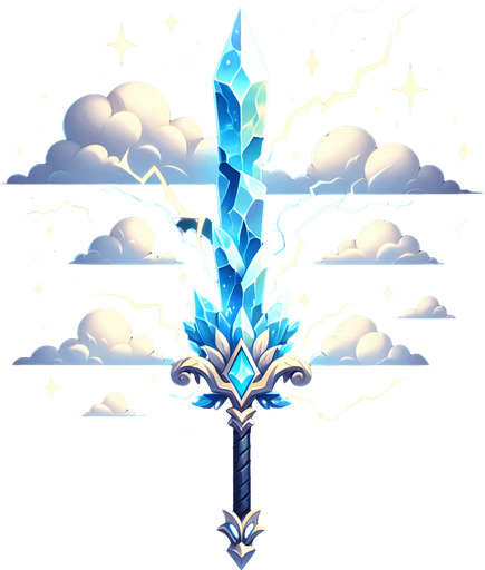 Magical elemental crystal sword made of clouds and lightning..
Single Game Texture. In-Game asset. 2d. Blank background. High contrast. No shadows.