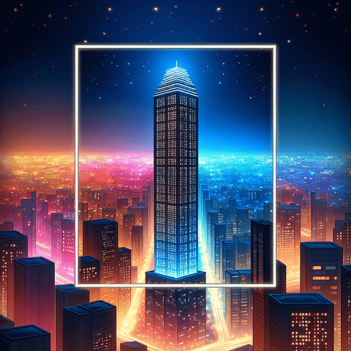 Neon cityscape, skyscraper, single vertical building , window panes.
Single Game Texture. In-Game asset. 2d. Blank background. High contrast. No shadows.