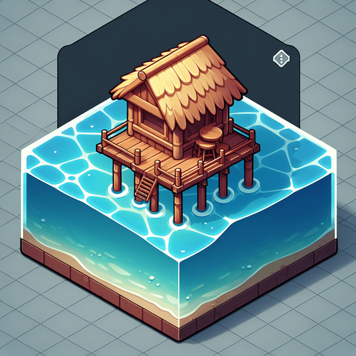 Create a cartoon-style illustration of a small bar hut on short stilts, above water,  close view.
Single Game Texture. In-Game asset. 2d. Blank background. High contrast. No shadows.