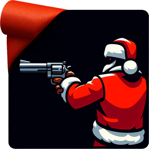 over the shoulder santa firing a revolver Single Game Texture. In-Game asset. 2d. Blank background. High contrast. No shadows.