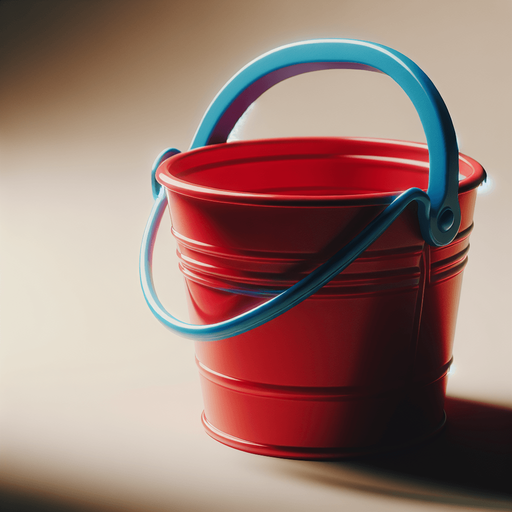 face view of a red beach bucket with a blue handle..
photo