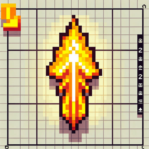 a yellow fire arrow, pointing up. top down view. pixelart. vertical. Single Game Texture. In-Game asset. 2d. Blank background. High contrast. No shadows.