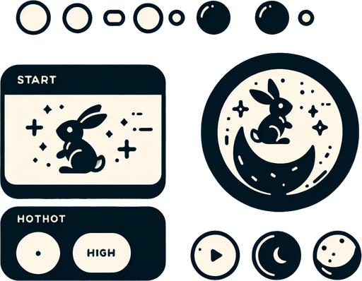 Rabbit and moon themed start button.
Single Game Texture. In-Game asset. 2d. Blank background. High contrast. No shadows.