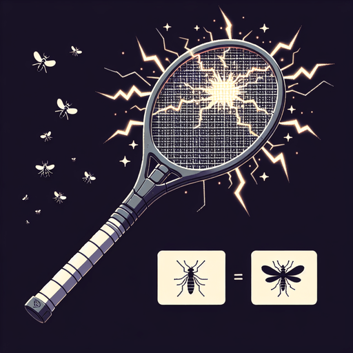 The electric mosquito killing bat sprite sheet will illustrate the device in two states: idle and activated. In the idle state, the bat resembles a tennis racket with a fine mesh grid, featuring a handle for easy grip and a subtle glow emanating from the electrified grid. The activated state showcases the bat in action, zapping mosquitoes with bright sparks and flashes of electricity as they come into contact with the mesh. The sparks should be animated to convey the sensation of a powerful electric discharge. Additional details could include small mosquito silhouettes near the grid in the activated state, or a faint buzzing sound effect to enhance the visual and auditory experience..
Single Game Texture. In-Game asset. 2d. Blank background. High contrast. No shadows.