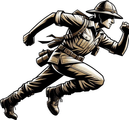 adventurer in a safari outfit, running.
Single Game Texture. In-Game asset. 2d. Blank background. High contrast. No shadows.