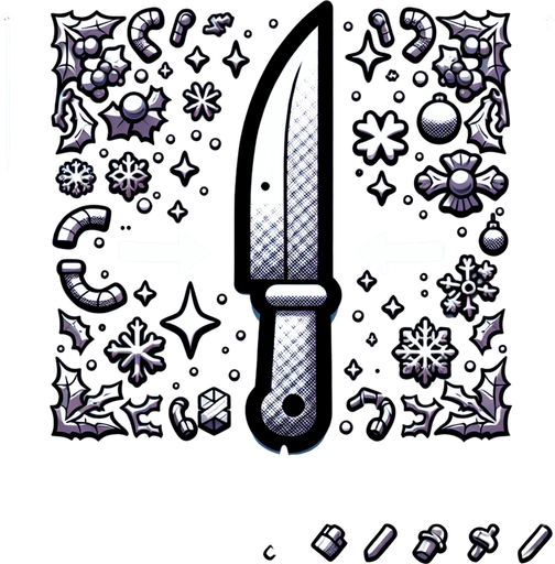 Cartoon knife pointing up. Symmetrical. Vertical. Christmas designed. Single Game Texture. In-Game asset. 2d. Blank background. High contrast. No shadows.