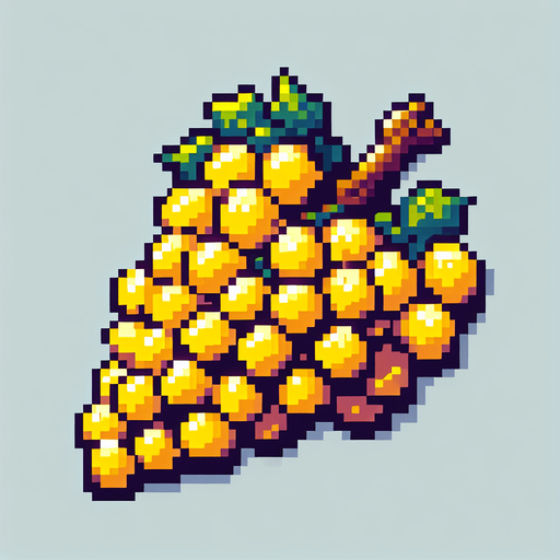 Pixel art of yellow grapes.
Single Game Texture. In-Game asset. 2d. Blank background. High contrast. No shadows.