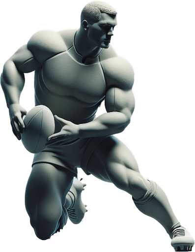 Joueur de rugby avec un charure musclé et qui a la balle 
Il attaque.
Single Game Texture. In-Game asset. 3d. Blank background. High contrast. No shadows.