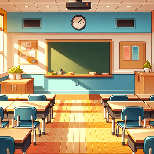 A clean, warm and welcoming classroom in a school, facing the blackboard..
Single Game Texture. In-Game asset. 2d. Blank background. High contrast. No shadows.