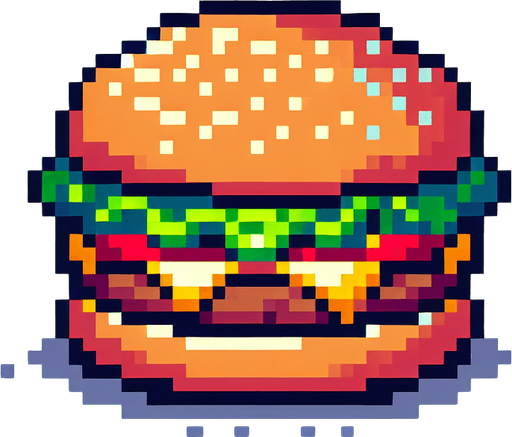 hamburger. pixelated. 8-bit.
Single Game Texture. In-Game asset. 2d. Blank background. High contrast. No shadows.