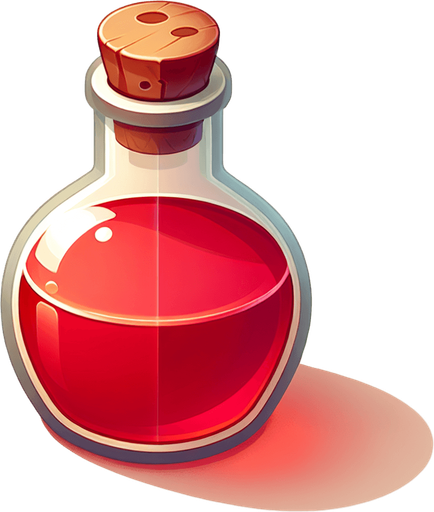 potion magique rouge.
Single Game Texture. In-Game asset. 2d. Blank background. High contrast. No shadows.