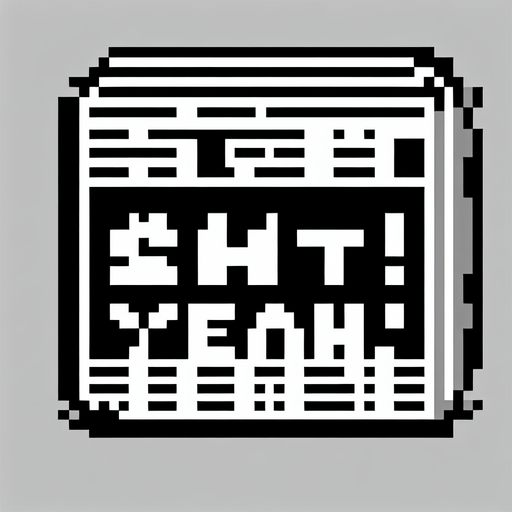 pixelated text saying "Shit Yeah!" as a shitty newspaper headline. pixelated. 8-bit.
Single Game Texture. In-Game asset. 2d. Blank background. High contrast. No shadows.