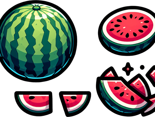 Water mellon sprite sheet: Full, Chopped left part, Chopped right part..
Single Game Texture. In-Game asset. 2d. Blank background. High contrast. No shadows.