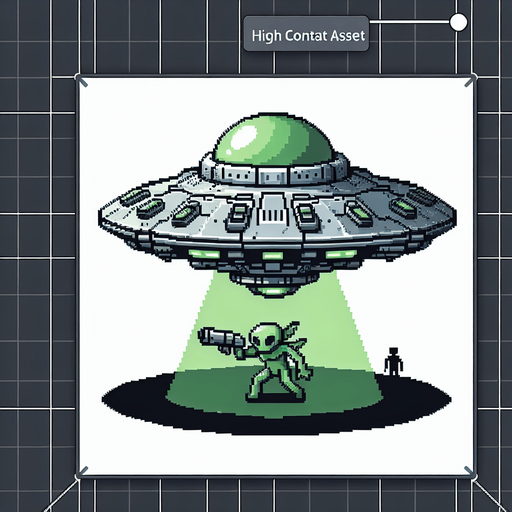 Ufo with green alien driving it.
Single Game Texture. In-Game asset. 2d. Blank background. High contrast. No shadows.