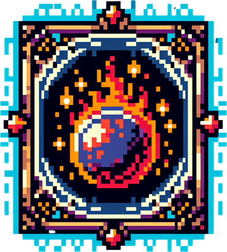 fireball spell icon with a frame,  I want the art style to reflect a classic 16-bit retro pixel art aesthetic, reminiscent of early 1990s RPGs with vibrant colors..
Single Game Texture. In-Game asset. 2d. Blank background. High contrast. No shadows.