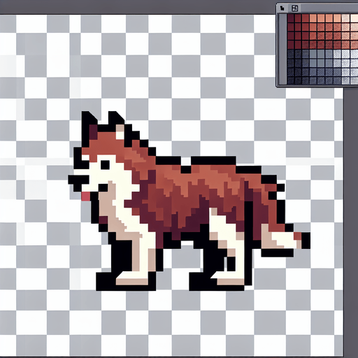 A 2D pixel shepherd dog transparent.
Single Game Texture. In-Game asset. 2d. Blank background. High contrast. No shadows.