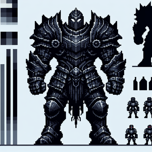 a colossal menacing black knight in heavy armor. pixelart game sprite. front view. Single Game Texture. In-Game asset. 2d. Blank background. High contrast. No shadows.