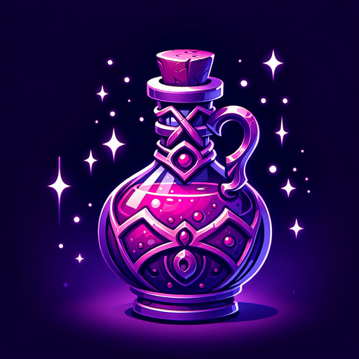 potion magique violette.
Single Game Texture. In-Game asset. 2d. Blank background. High contrast. No shadows.