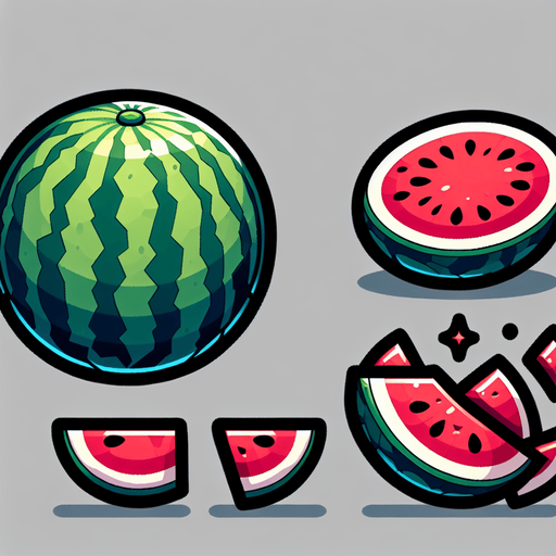 Water mellon sprite sheet: Full, Chopped left part, Chopped right part..
Single Game Texture. In-Game asset. 2d. Blank background. High contrast. No shadows.