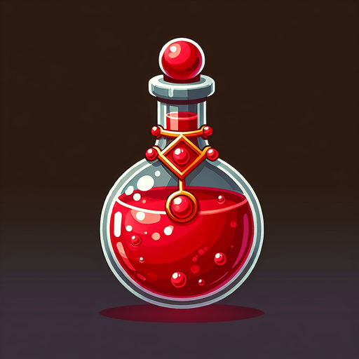 potion magique rouge.
Single Game Texture. In-Game asset. 2d. Blank background. High contrast. No shadows.