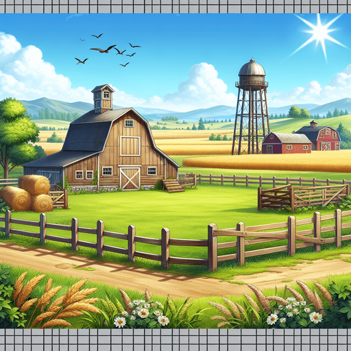 A farm background image.
Single Game Texture. In-Game asset. 2d. Blank background. High contrast. No shadows.