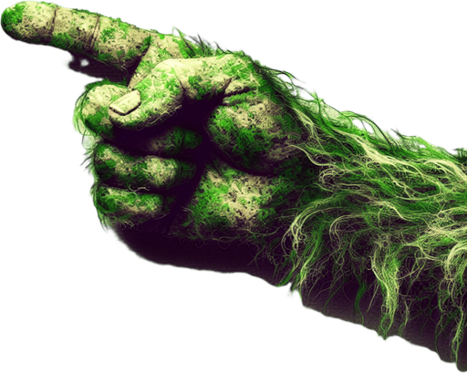 an green hairy grinch's arm, pointing in the horizontal direction, the index finger pointing to the left Single Game Texture. No background. High contrast. No shadows.