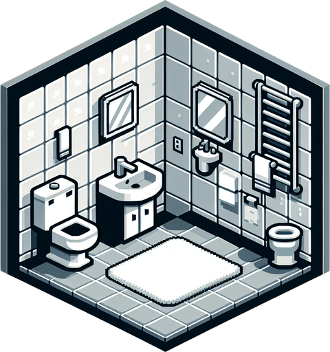 toilet room background.
Single Game Texture. In-Game asset. 2d. Blank background. High contrast. No shadows.