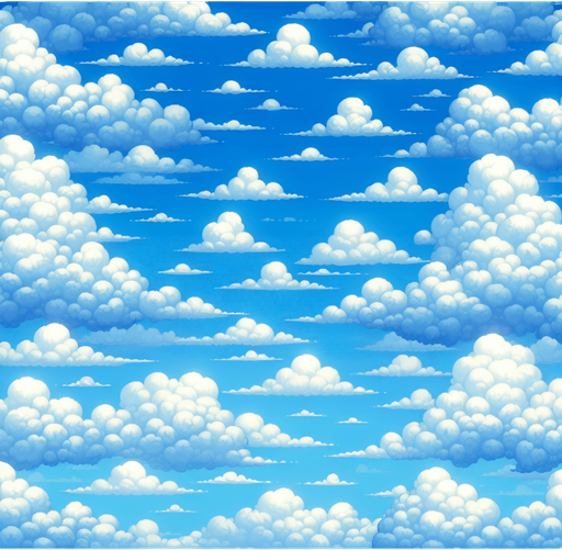 A clear blue sky with fluffy white clouds drifting lazily across..
Single Game Texture. In-Game asset. 2d. Blank background. High contrast. No shadows.