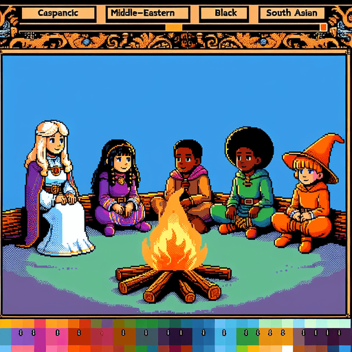 A campfire setting with a teacher and kids sitting down. Everyone dressed as wizards. I want the art style to reflect a classic 16-bit retro pixel art aesthetic, reminiscent of early 1990s RPGs with vibrant colors. The environment should have a rich, fantasy-themed design with intricate backgrounds and a nostalgic, old-school feel..
Single Game Texture. In-Game asset. 2d. Blank background. High contrast. No shadows.