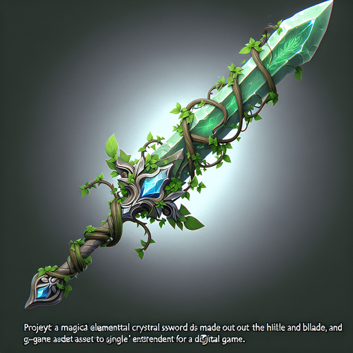 Magical elemental crystal sword made of stone and green vines..
Single Game Texture. In-Game asset. 2d. Blank background. High contrast. No shadows.