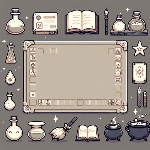 atelier de sorciere.
Single Game Texture. In-Game asset. 2d. Blank background. High contrast. No shadows.