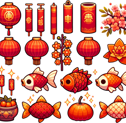 Sprite sheet with Hongbao, chinese Firecrackers, chinese lanters, Yuanbao, Koi Fish, chines Mandarin Oranges, chinese Plum Blossoms.
Game art.
Single Game Texture. In-Game asset. 2d. Blank background. High contrast. No shadows.