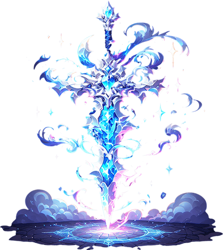 Magical elemental crystal sword made of clouds and lightning..
Single Game Texture. In-Game asset. 2d. Blank background. High contrast. No shadows.