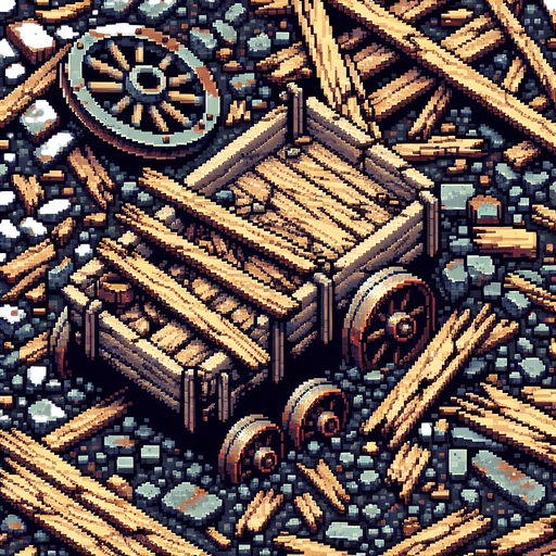 wrecked wood boards and small metal wheels (rests of a miner's wagon).
Pixel art. close Zenith view.