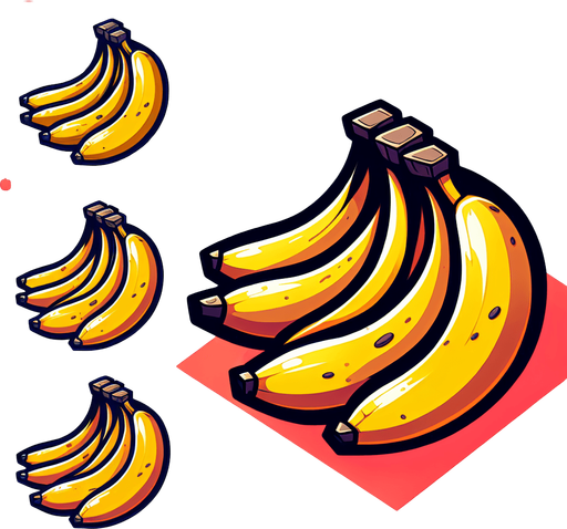 Cartoon 6 bananas . Single Game Texture. In-Game asset. 2d. Blank background. High contrast. No shadows..
Single Game Texture. In-Game asset. 2d. Blank background. High contrast. No shadows.